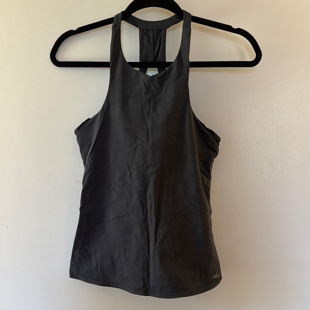 Alo Yoga dark grey high neck tank with built in bra